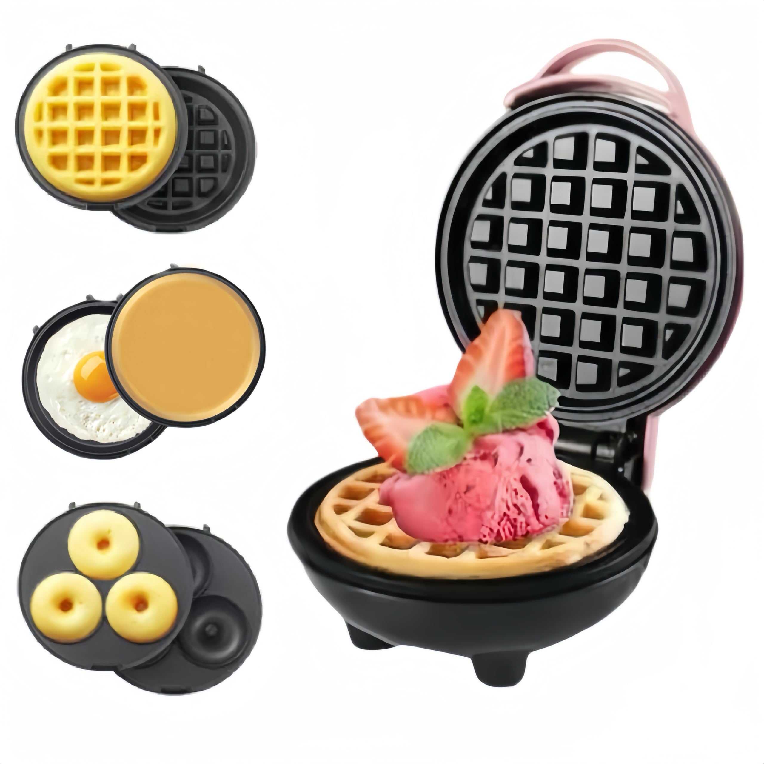 3-in-1 Mini Waffle Maker with Removable Plates - Make Waffles, Donuts & Pancakes - Nonstick Surface for Easy Cleaning - Perfect for Breakfast, Brunch & Kids Snacks - Great Holiday Gift (Pink)
