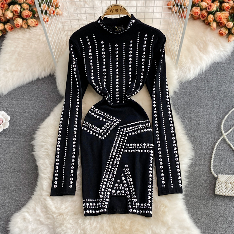 Sexy Beaded Sheath Dress with High Slit & Long Sleeves - Elegant Autumn Evening Gown for Women | Perfect for Cocktail Parties, Date Nights & Holiday Events