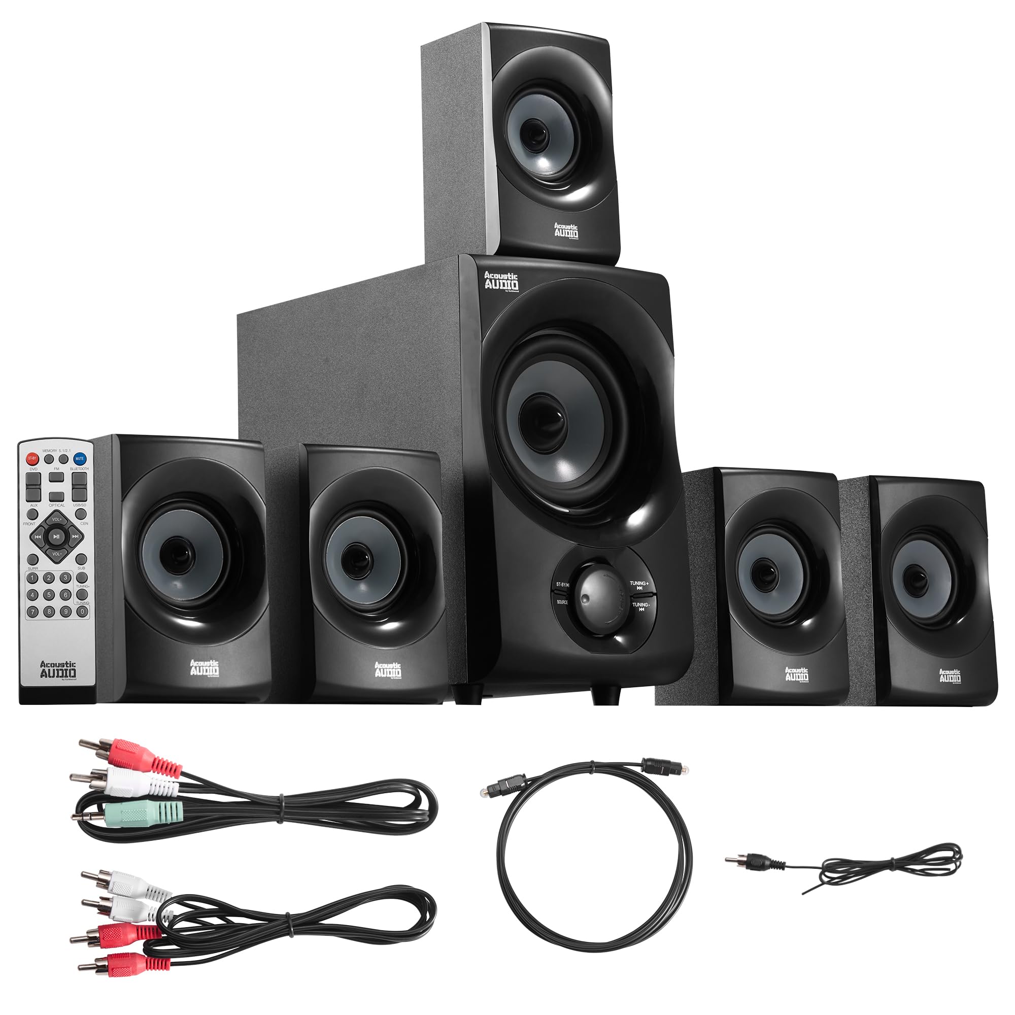 Acoustic Audio AA5172 700W Bluetooth 5.1 Home Theater Speaker System with FM Tuner, USB, SD Card, Remote Control, Powered Subwoofer (6 Speakers, Black & Gray) for Living Room, Gaming, and Movie Nights
