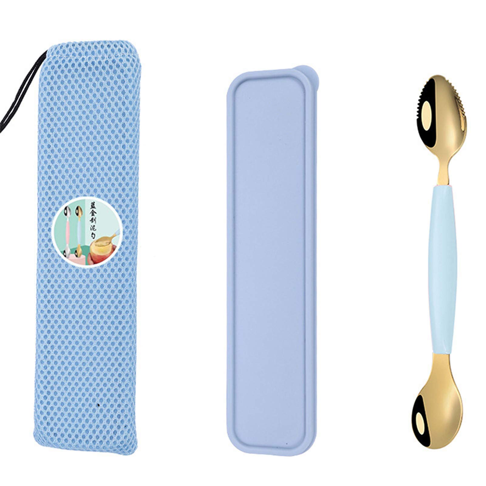 WEILYDF Double-Headed Baby Spoon - Silicone Toddler Feeding Utensil for Puree, Fruit & Baby Food - Soft Infant Weaning Spoon with Scraper (Blue & Gold) - Perfect for First Foods, Travel & Mess-Free Mealtime