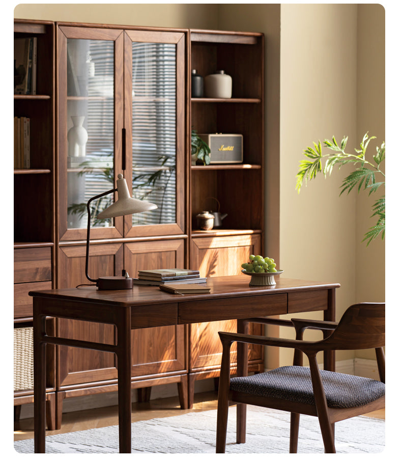Premium Black Walnut & Ash Solid Wood Bookcase with Dust-Proof Glass Doors - Stylish Home Office & Living Room Storage Solution