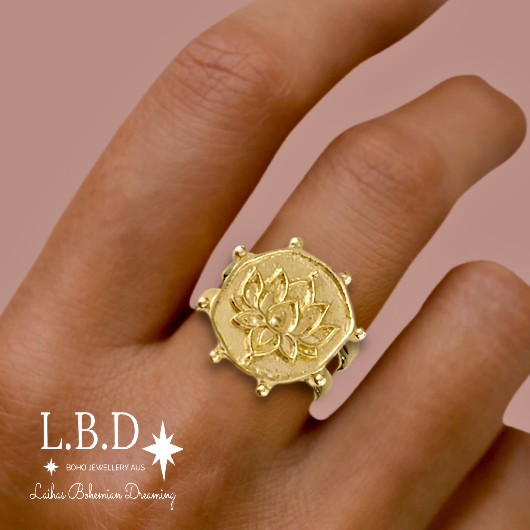 Laihas Gold Boho Lotus Flower Ring - Handcrafted Imperfectly Perfect Jewelry for Women - Ideal for Festivals, Boho Chic Outfits & Everyday Wear