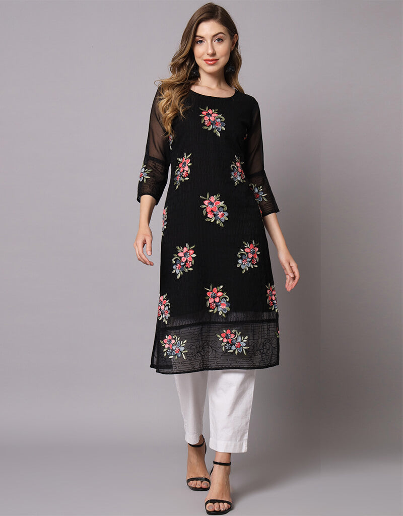 Elegant Black Georgette Straight Kurti for Women - Stylish Indian Tunic Top for Casual Wear, Office & Party Outfits
