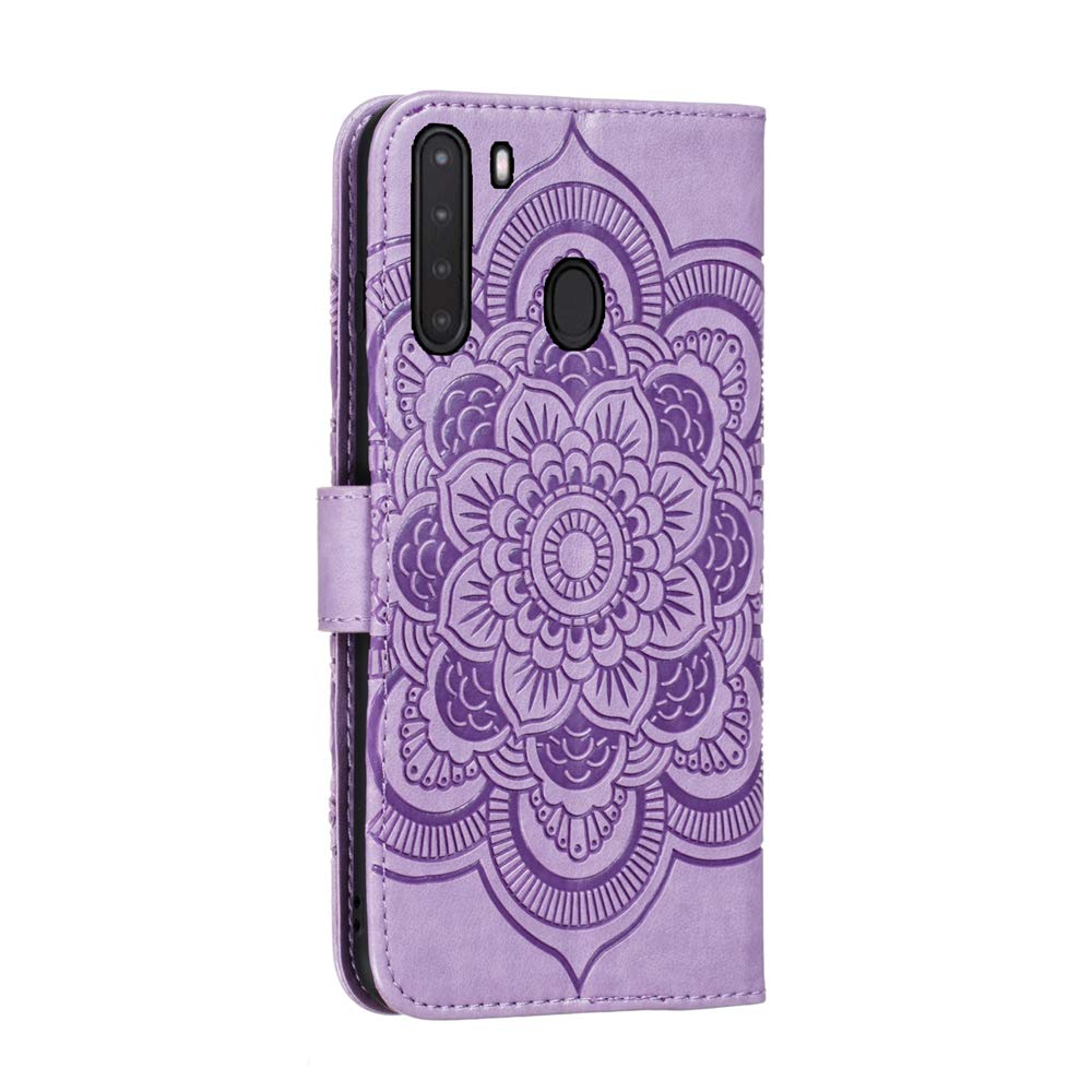 Premium PU Leather Mandala Embossed Flip Wallet Case for Samsung Galaxy A21 - Shockproof Cover with Card Holder & Kickstand (Light Purple) | Perfect for Work, Travel & Everyday Protection