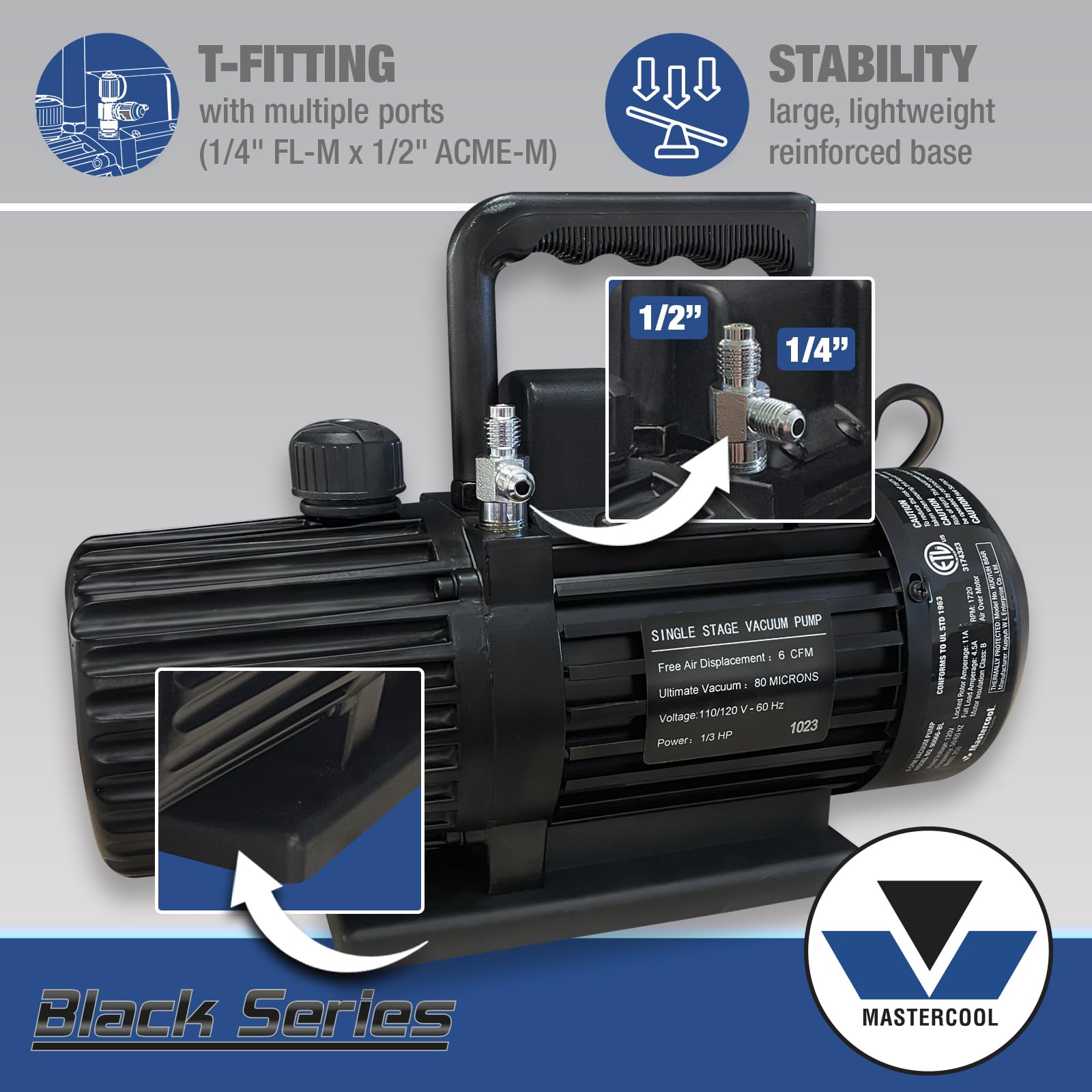 Mastercool 90066-BL Black Series 6 CFM Single Stage Vacuum Pump with Thermally Protected Motor, High-Volume Fan & Oil Drain Valve - 110/120V, 60Hz - Ideal for HVAC, Refrigeration & Automotive AC Repair