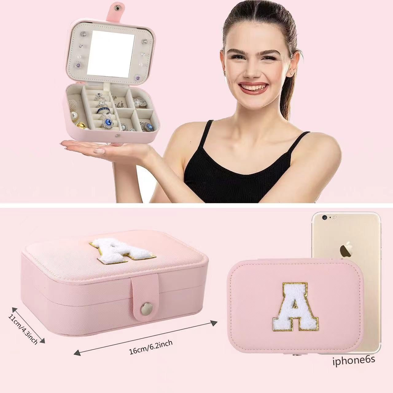 Initial C Jewelry Box Organizer - Pink PU Leather Travel Jewelry Case with Mirror, Personalized Jewelry Storage for Women & Girls | Perfect Birthday Gift, Travel Accessory & Home Decor