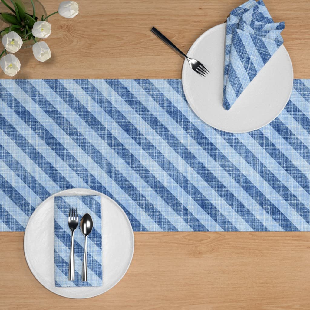 Custom Blue Stripe Midcentury Modern Print Cotton Sateen Table Runner 108
