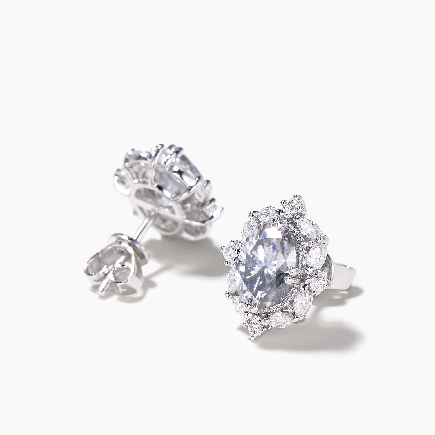 Oval Cut Moissanite Stud Earrings with Marquise Halo in 14K White Gold - Elegant Wedding, Anniversary & Gift Jewelry for Women