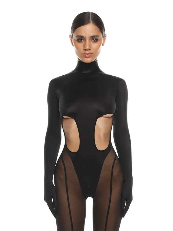 ZASUWA Women's Sexy Cutout Mesh Zipper Bodysuit Jumpsuit - Clubwear, Night Out, Party Outfit, Halloween Costume