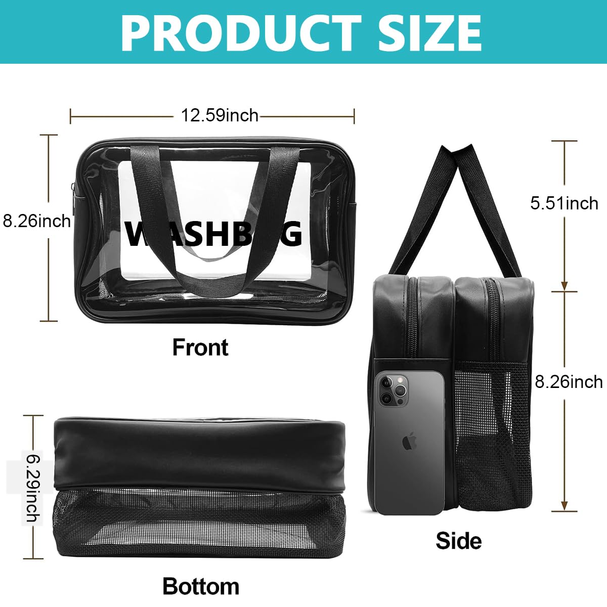 MAYCREATE® Large Clear Travel Toiletry Bag - 2-in-1 Waterproof Cosmetic Organizer with Zipper Handle | Translucent Makeup Pouch for Women & Men | Perfect for Airplane Carry-on, Gym, Beach & Vacation Essentials (Black)