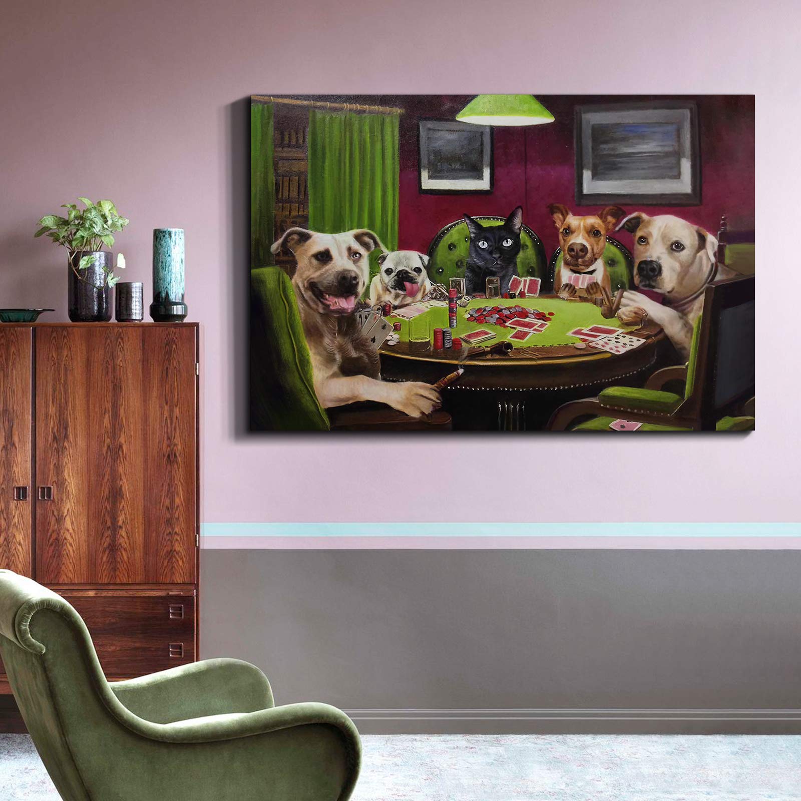 Denozer - Dogs Playing Poker by Cassius Marcellus Coolidge Oil Painting Reproduction - Premium Giclee Canvas Print Wall Art - Ready to Hang Gallery Wrapped - 48x32 Inches - Perfect for Game Room, Man Cave & Home Theater Decor