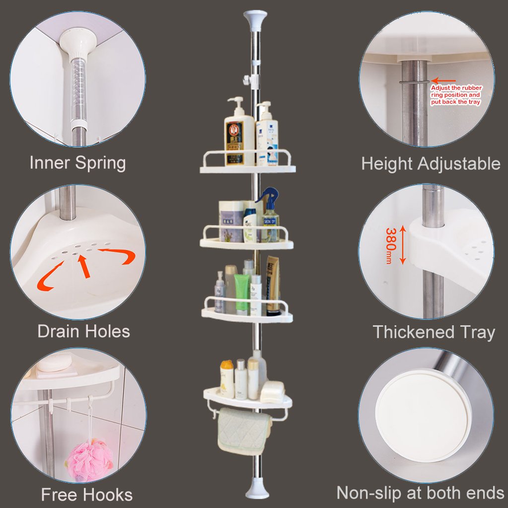 BAOYOUNI 4-Tier Adjustable Shower Caddy Tension Pole - Extendable Floor to Ceiling Bathroom Organizer with Corner Storage Shelf for Bathtub, Space Saving Ivory Stand | Perfect for Small Bathrooms, Apartment Showers & Spa-Like Organization