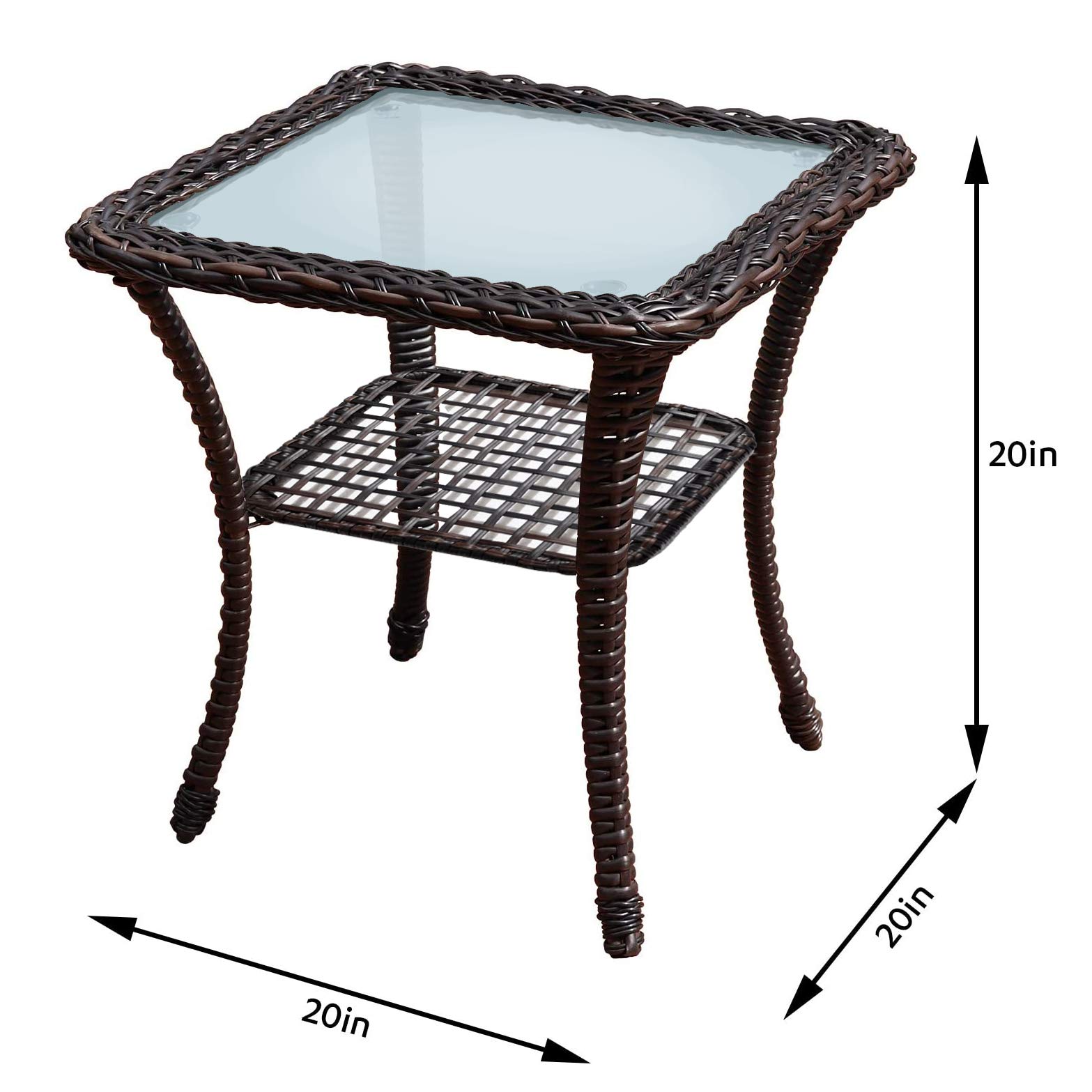 ATR ART TO REAL 20''x20''x20'' All-Weather Wicker Coffee Table with Tempered Glass Top - Indoor/Outdoor Square Storage End Table with Steel Frame - Perfect for Patio, Garden, Living Room & Balcony Decor