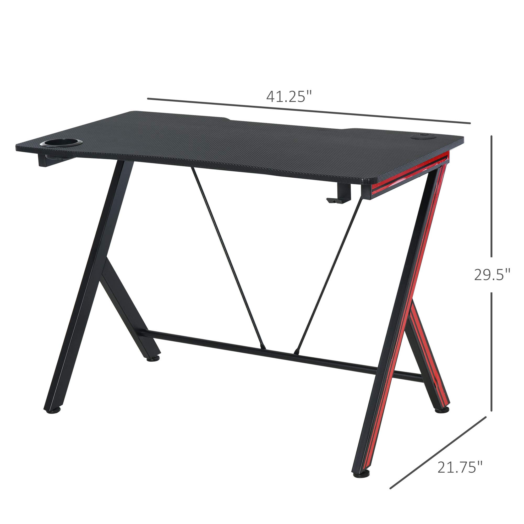 HOMCOM 41 inch Gaming Computer Desk with Cup Holder & Headphone Hook - Carbon Fiber Surface Home Office Workstation for PC Gaming & Study - Perfect for Small Spaces & Cable Management