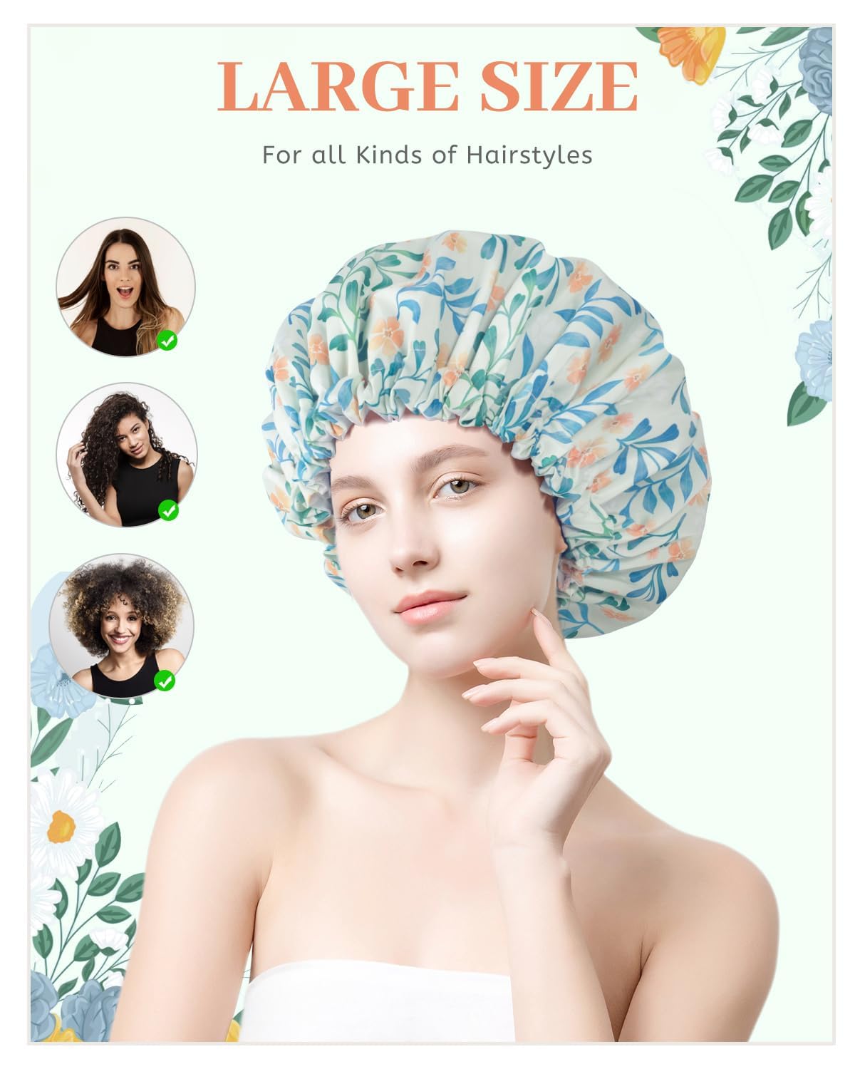 Waterproof Shower Caps for Women - Double Layer Reusable Bath Cap with EVA Lining for All Hair Lengths | Soft & Large Shower Cap for Swimming, Spa, Hair Care & Travel