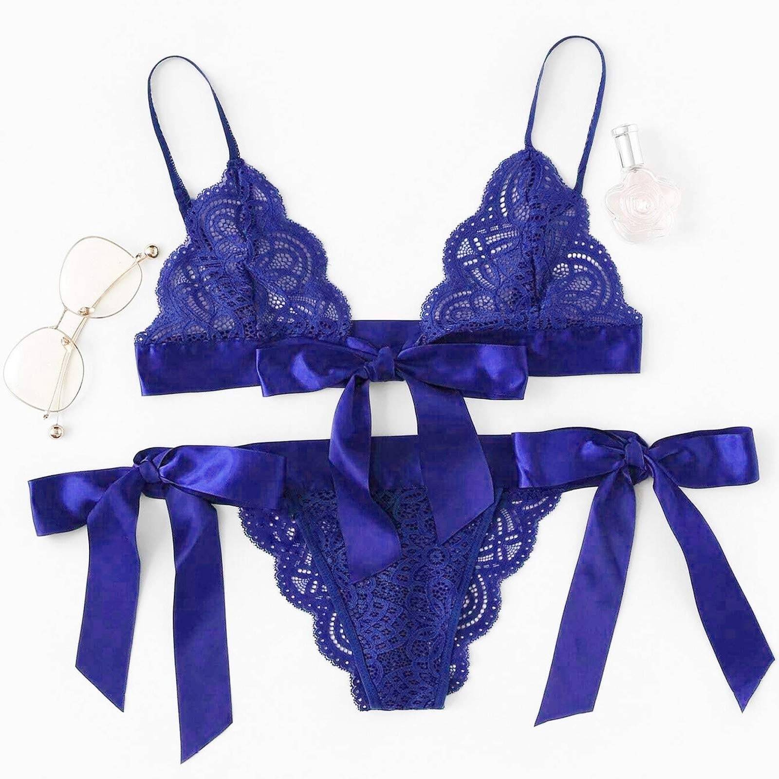 Sexy Lace Lingerie Set for Women - Scalloped Trim Tie Side Bra & Panty with Bow Detail, Blue Babydoll Sleepwear Bustier | Perfect for Valentine's Day, Bridal Shower & Romantic Nights
