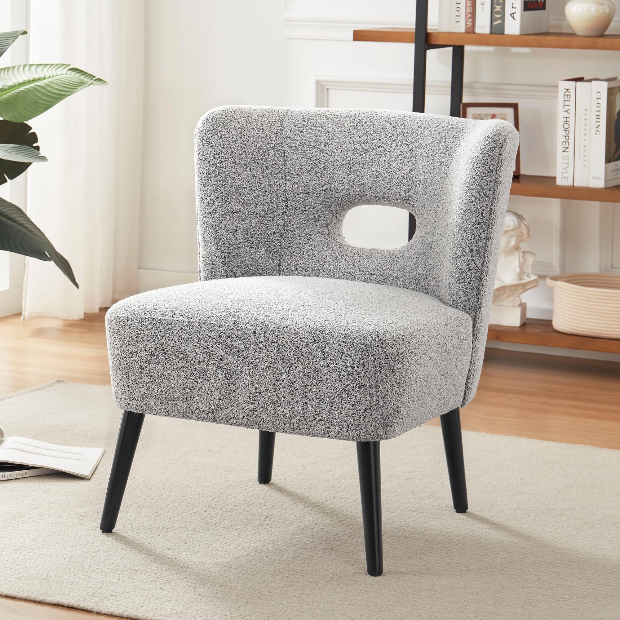 Comfy Armless Accent Chair with Wooden Legs - Upholstered Lamb Fleece Living Room, Bedroom & Office Chair in Grey - Perfect for Small Spaces, Reading Nooks & Cozy Corners