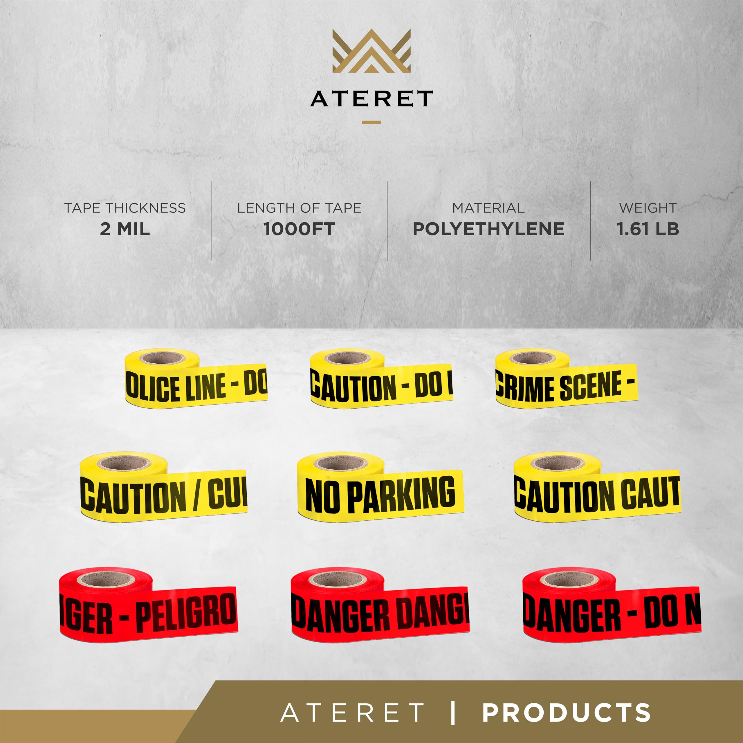 ATERET Premium Danger Do Not Enter Tape 12-Pack - 3 inch x 1000 Feet Heavy Duty Hazard Safety Tape | Construction Barrier Tape for Hazardous Areas | Perfect for Halloween Decorations, Parties & Work Site Safety
