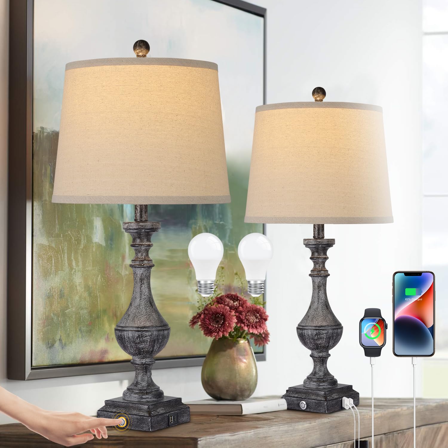 AKASUKI 27.5 Inch Dark Grey Farmhouse Table Lamps - Set of 2 with USB & Type-C Charging Ports, 3-Way Dimmable Vintage Rustic Bedside Lamps for Living Room, Bedroom, Office (Includes LED Bulbs) | Perfect for Reading, Nightstand Lighting & Home Decor