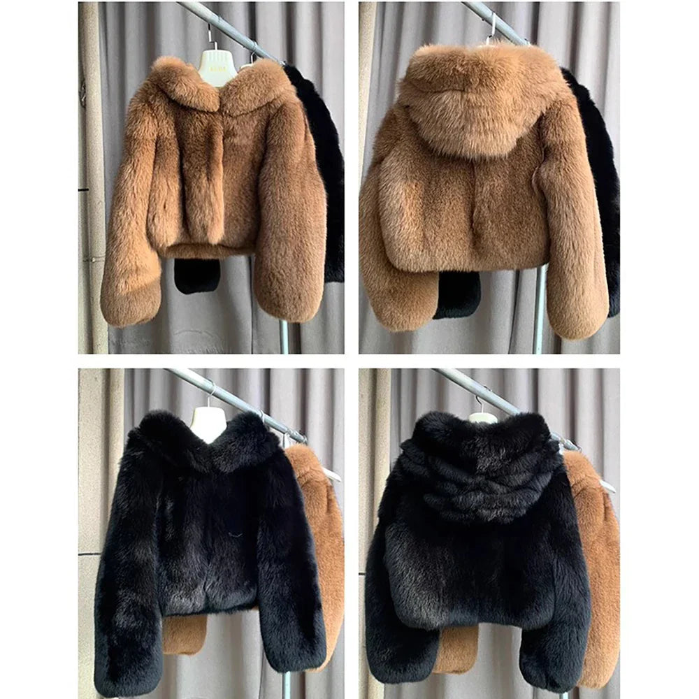 Luxury Faux Fur Coat for Women - Soft Warm Hooded Jacket, Vintage Style Winter Outerwear for Casual Outings & Holiday Parties
