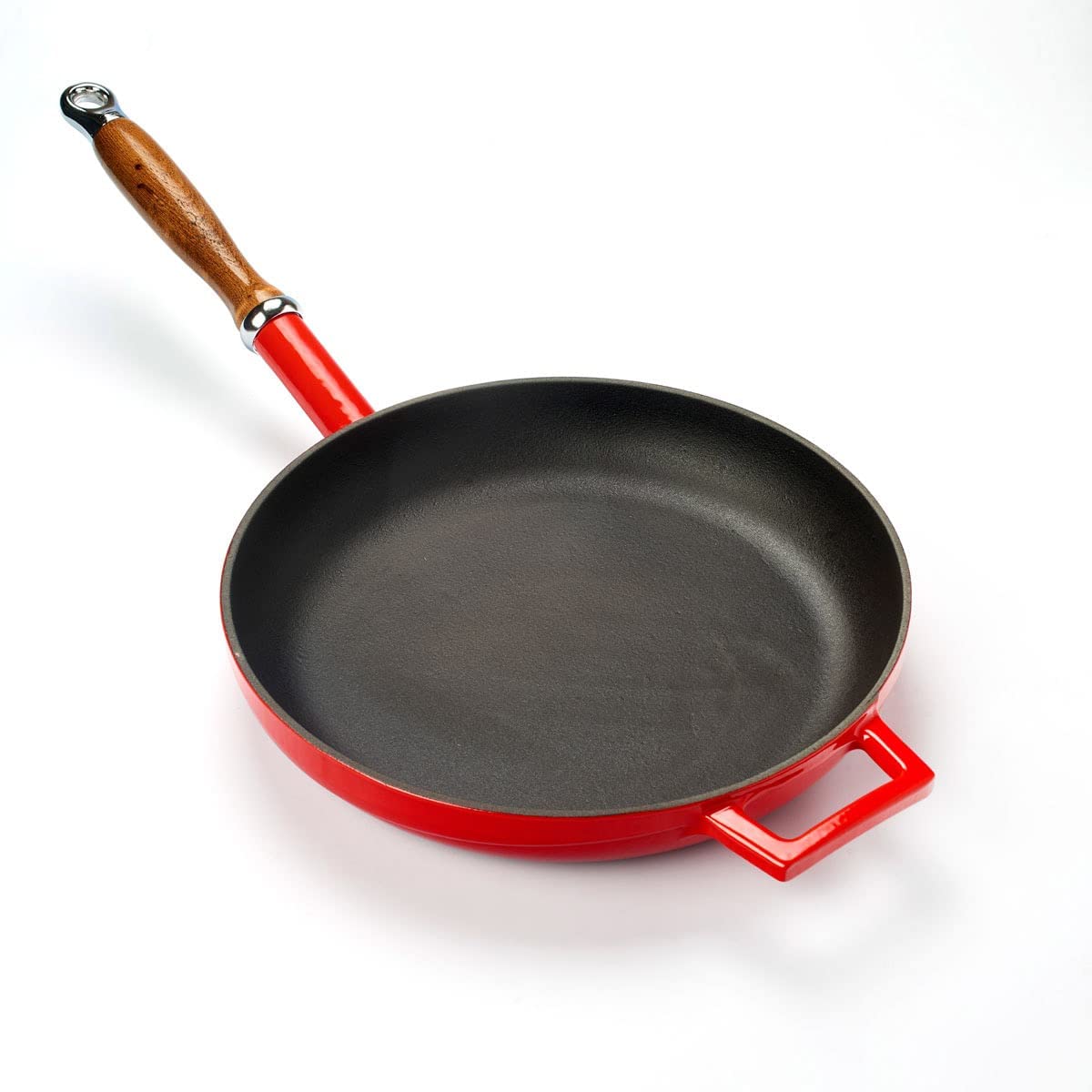 Premium Lava Signature Enameled Cast Iron Skillet with Wooden Handle - 11 Inch, Cayenne Red - Perfect for Searing, Baking & Stovetop to Oven Cooking