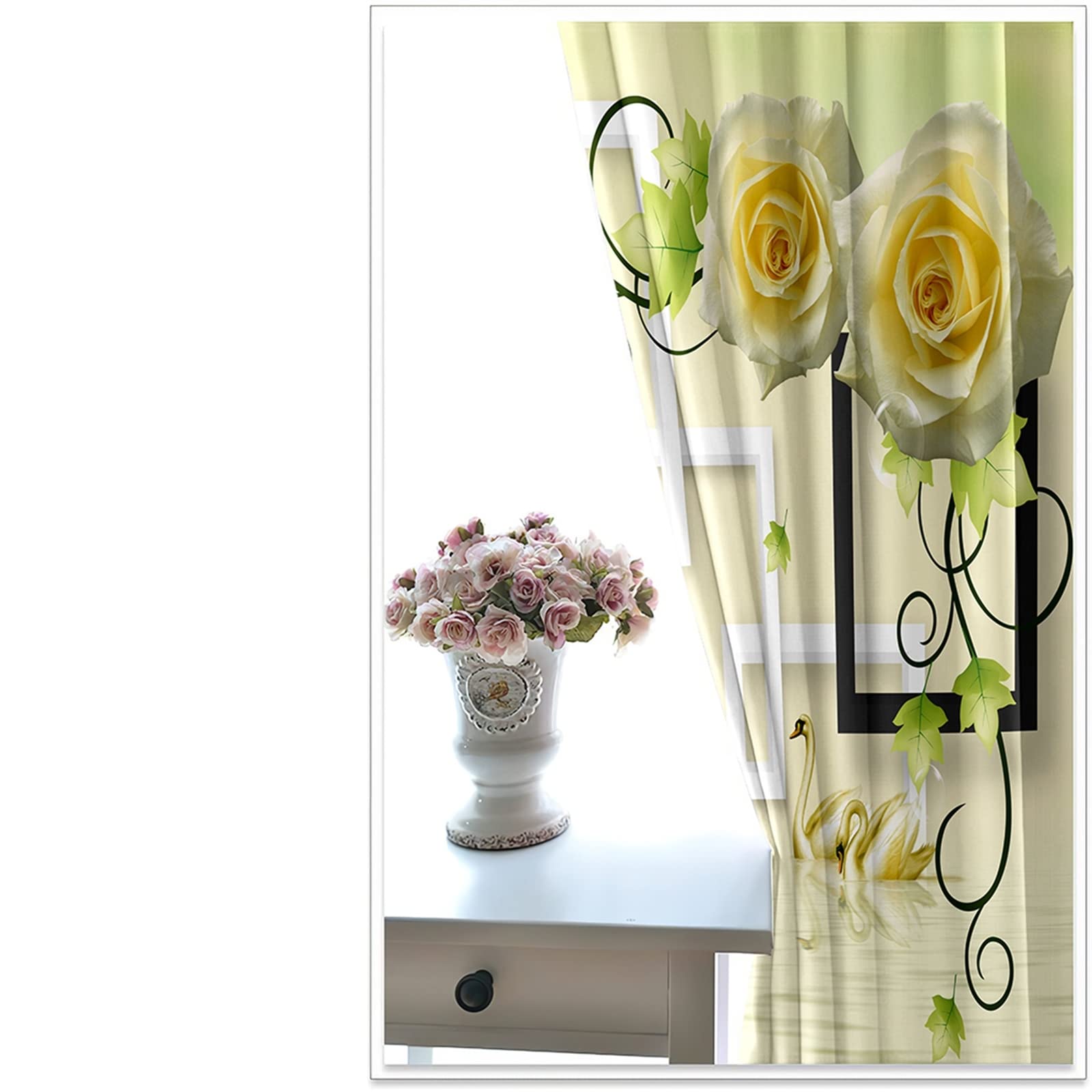 Eco-Friendly Green Kitchen Curtains - Blackout Travel Curtains with Rose Swan Design, 84