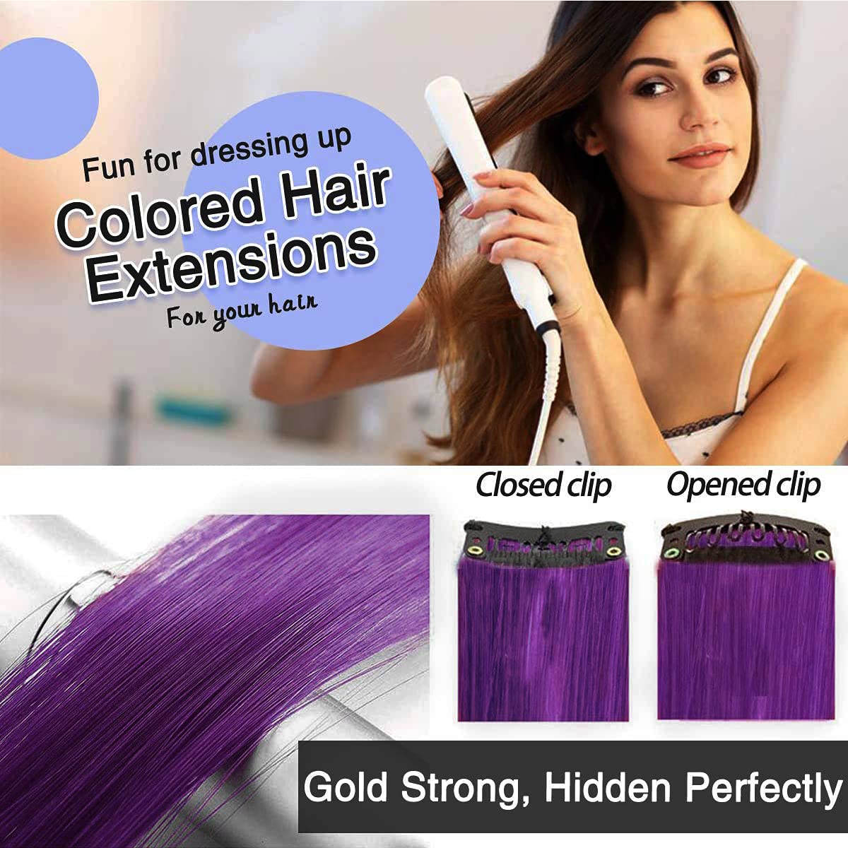DELORUS Reusable Purple Hair Streaks Extensions for Women & Girls - 2-Piece Set | Clip-in Hair Extensions for Parties, Cosplay & Everyday Styling
