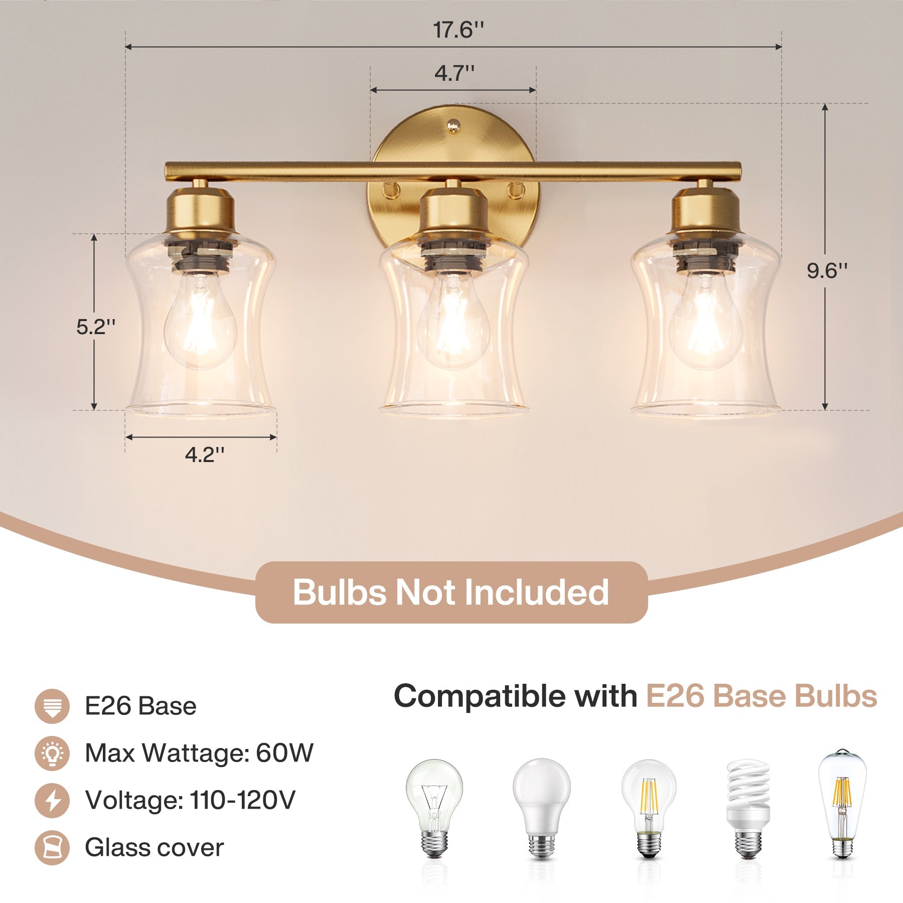 Modern 3-Light Bathroom Wall Sconce with Clear Glass Shades - Perfect for Vanity, Powder Room & Hallway Lighting