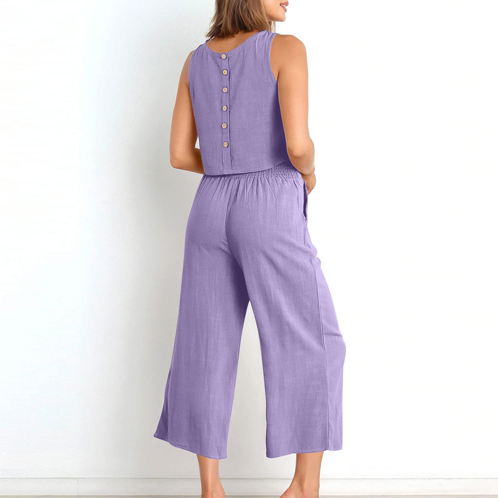 Women's 2-Piece Summer Outfit Set - Linen Crop Top & High Waist Wide Leg Capri Pants | Lounge Wear, Casual Matching Set for Beach, Vacation & Everyday Comfort