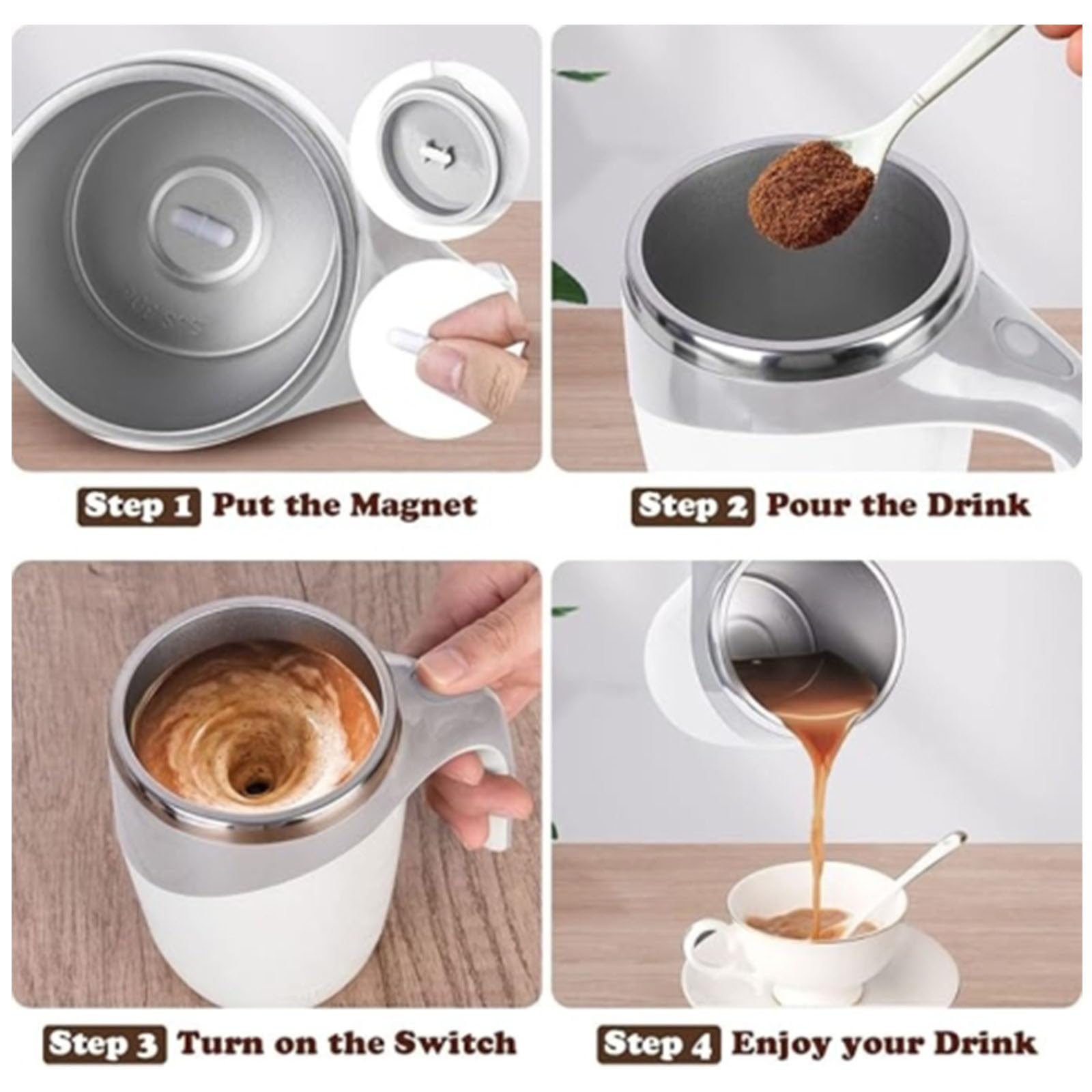 Self-Stirring Coffee Mug with Magnetic Technology - Automatic Stirring Travel Mug for Office, Home & Camping - White Insulated Coffee Cup with Lid (Perfect for Hot Drinks, Tea & Instant Coffee)