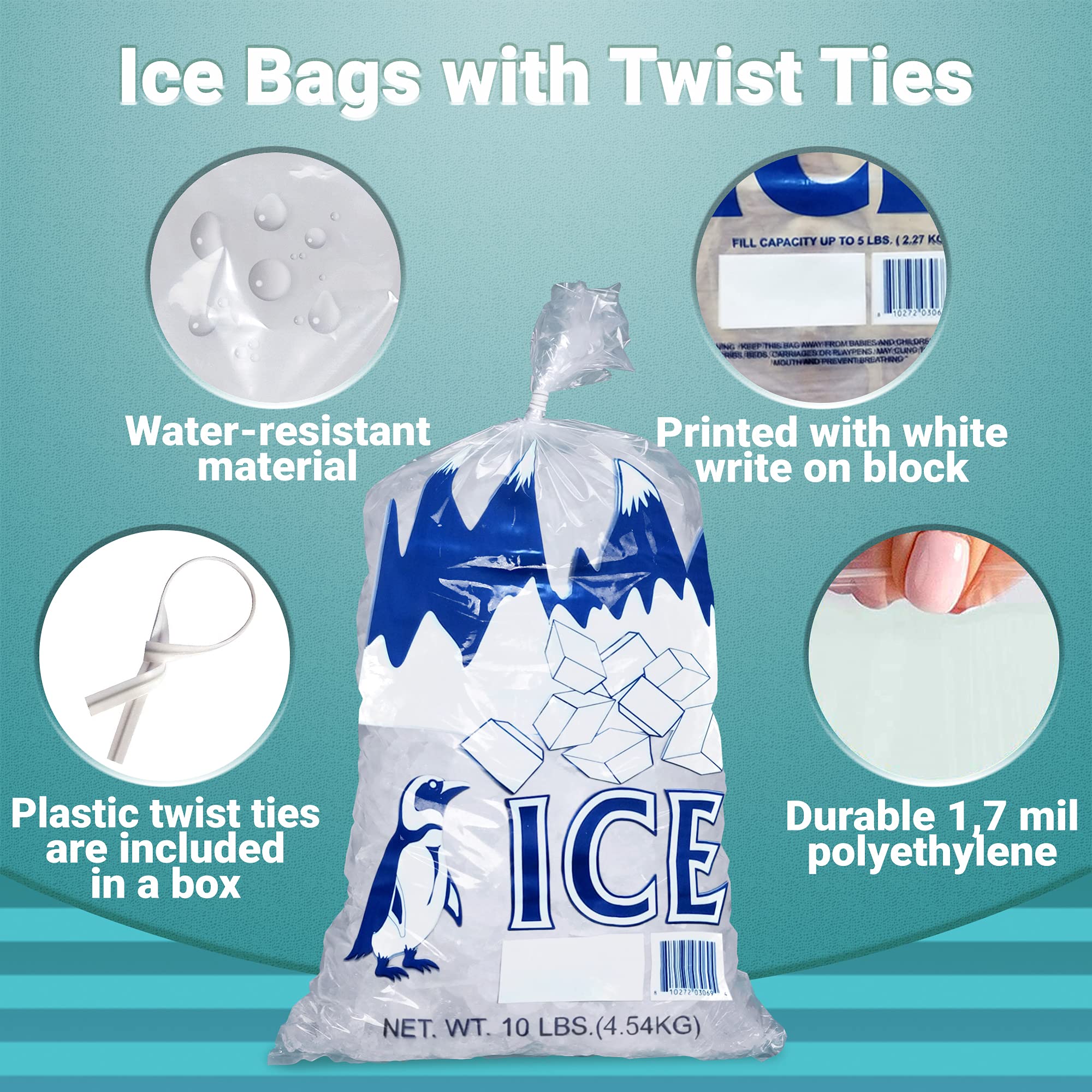 APQ 1000 Pack 12x21 Ice Bags with Twist Ties - 10 lbs Capacity, 1.7 Mil Food Grade Safe Plastic, Cool Penguin Design - Perfect for Party Drinks, Camping Coolers & Commercial Ice Storage