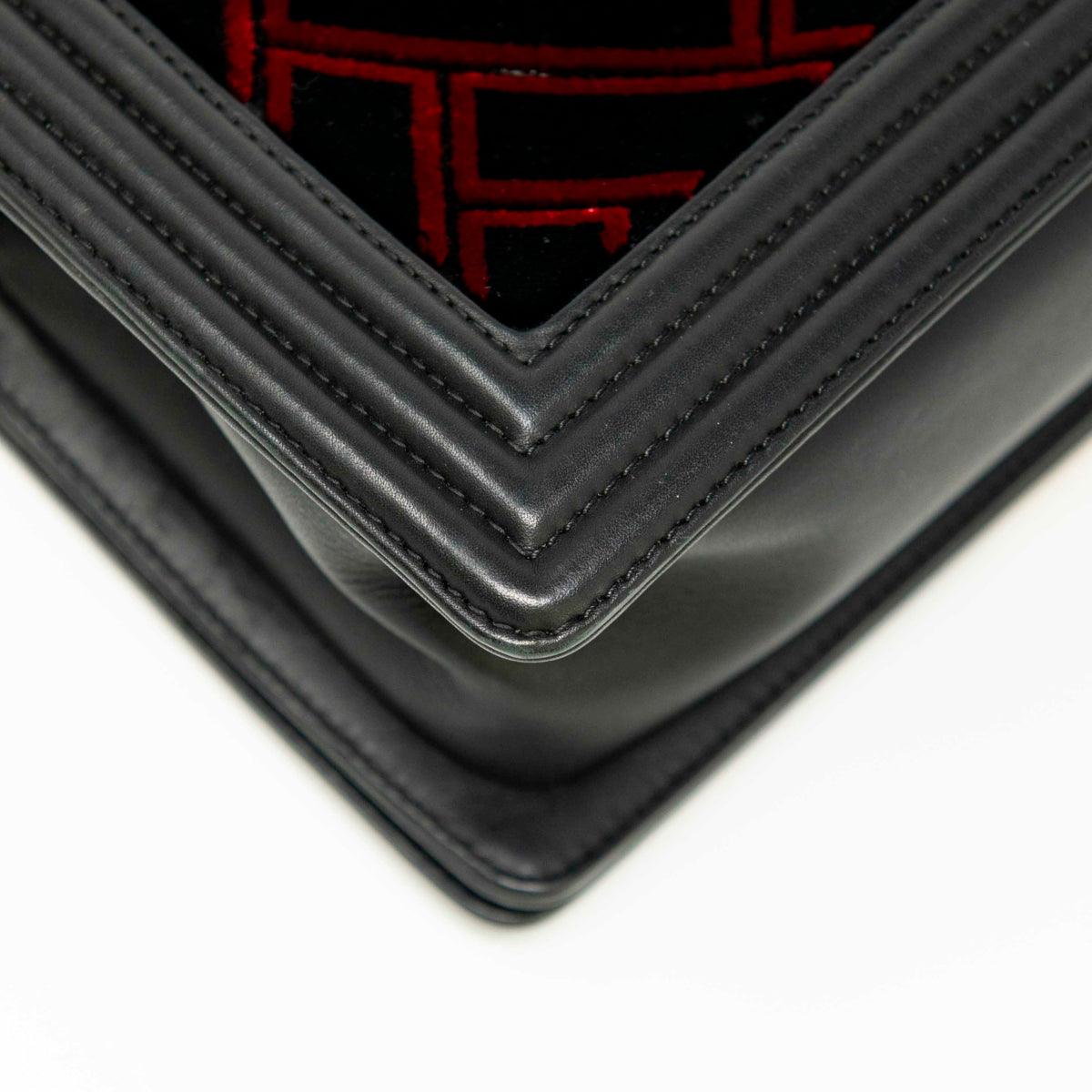 Chanel Medium Boy Bag in Red & Black Velvet - Luxury Designer Handbag for Women, Perfect for Parties, Dates & Special Occasions