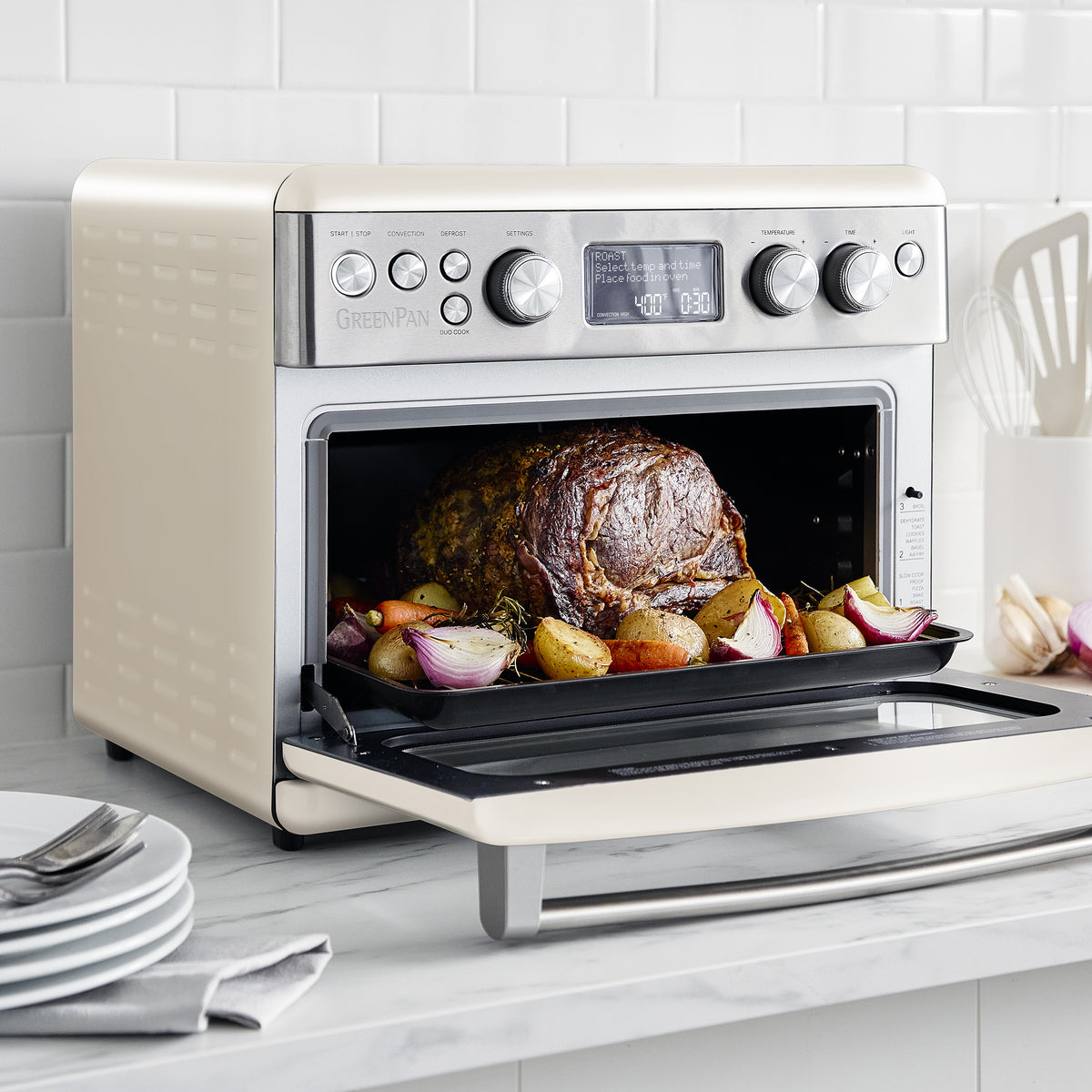 Elite Convection Air Fryer Toaster Oven with 12 Cooking Functions | 18QT Large Capacity Countertop Oven | Cloud Cream Color | Perfect for Baking, Roasting & Air Frying at Home
