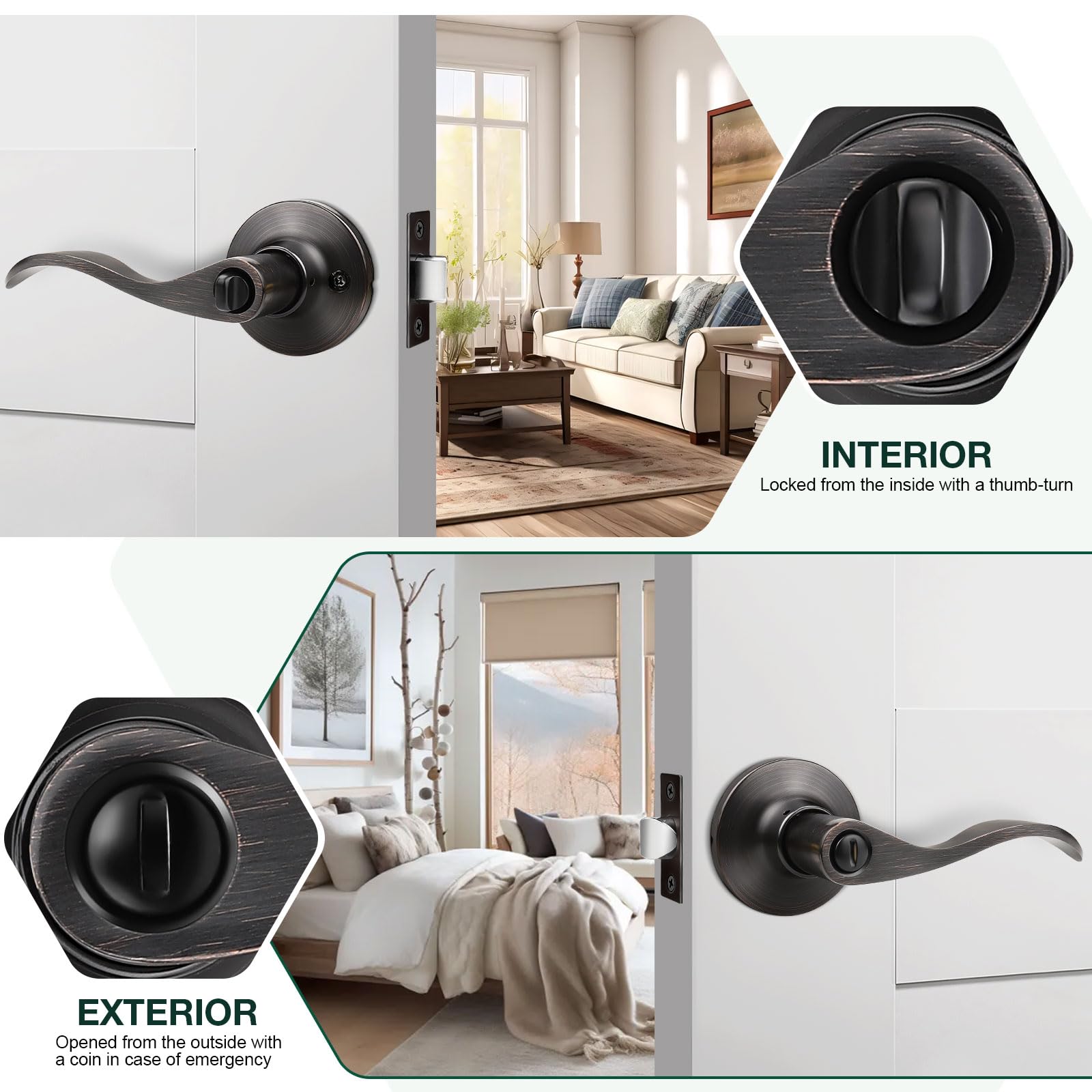 GOBEKOR 10 Pack Oil Rubbed Bronze Privacy Door Levers - Keyless Interior Door Handles with Lock for Bedroom, Bathroom & Closet - Wave Design Modern Door Hardware Set for Home Privacy & Security