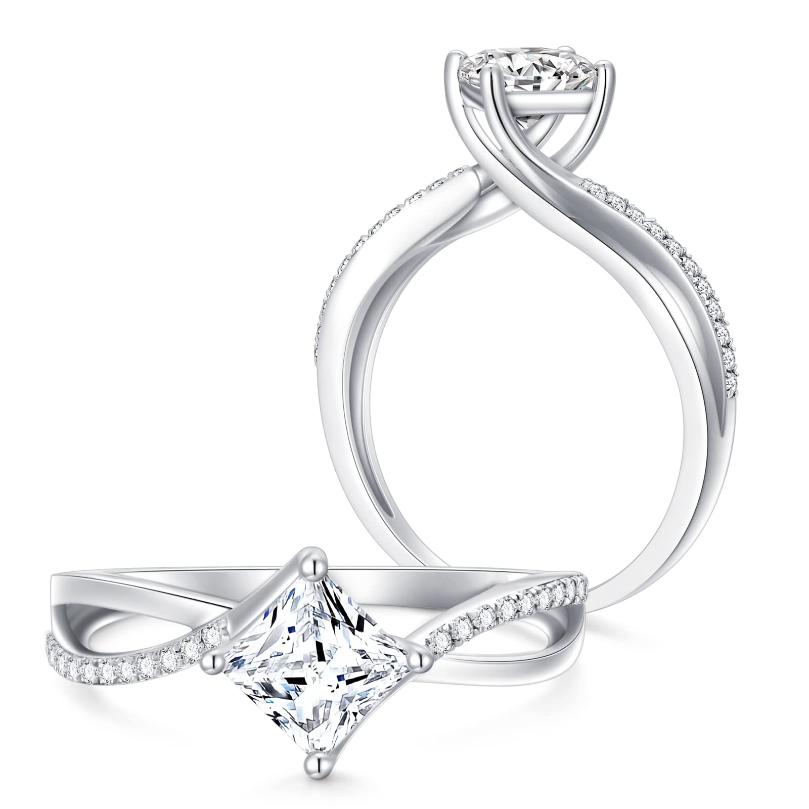 1.15 Carat (ctw) Princess Cut Moissanite Engagement Ring for Women - Platinum Plated Sterling Silver Wedding Band, Anniversary Gift - Perfect for Proposals, Bridal Jewelry & Special Occasions