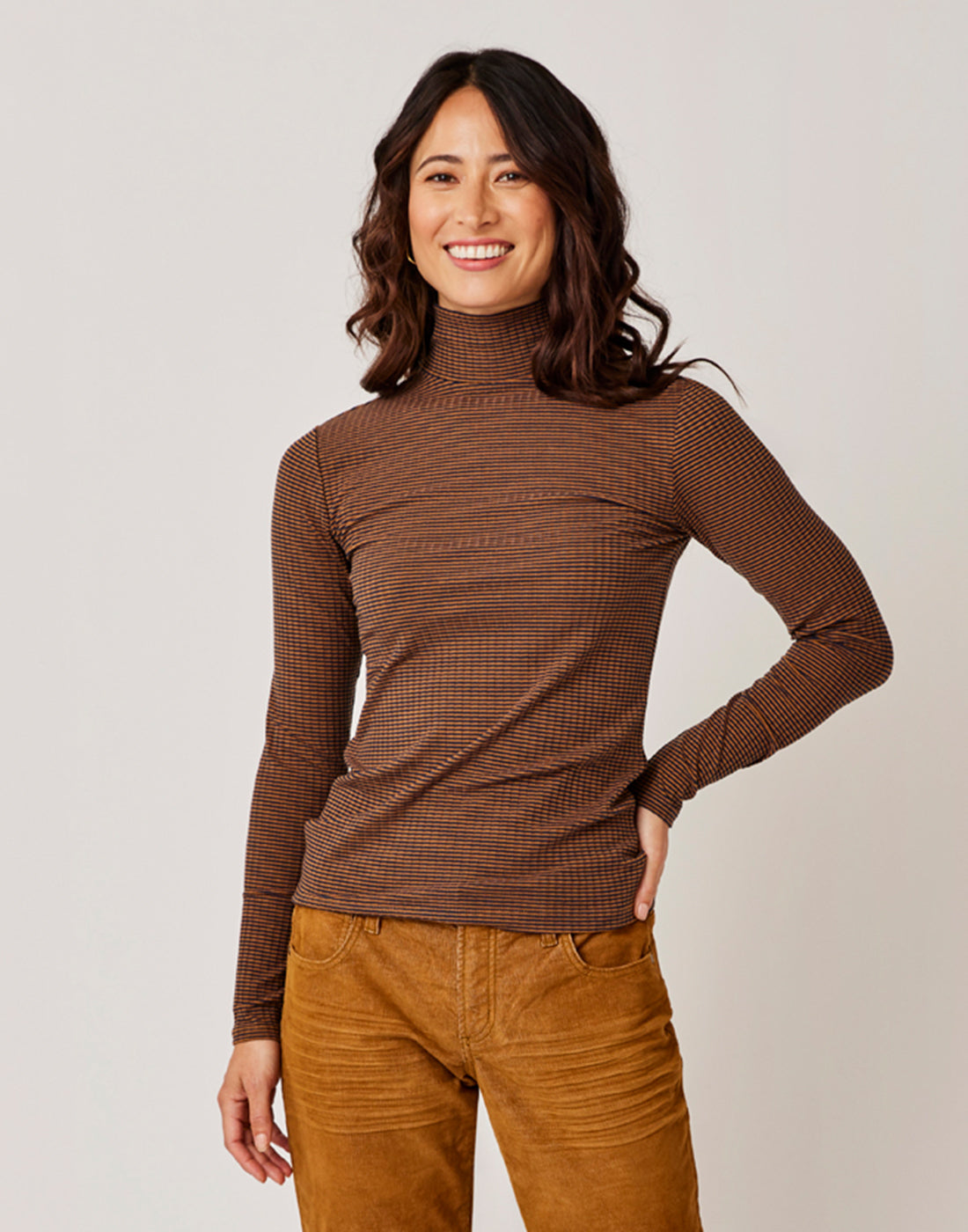 Denise Women's Cocoa Mini Stripe Turtleneck Sweater - Cozy Winter Knit Top for Casual & Office Wear - Final Sale