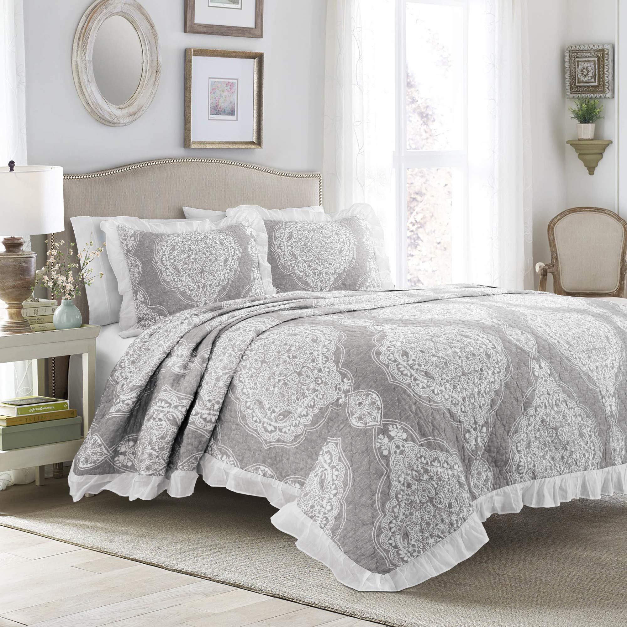 Lush Decor Lucianna Cotton Bedspread Set, Full/Queen, Gray - Elegant Bedroom Decor