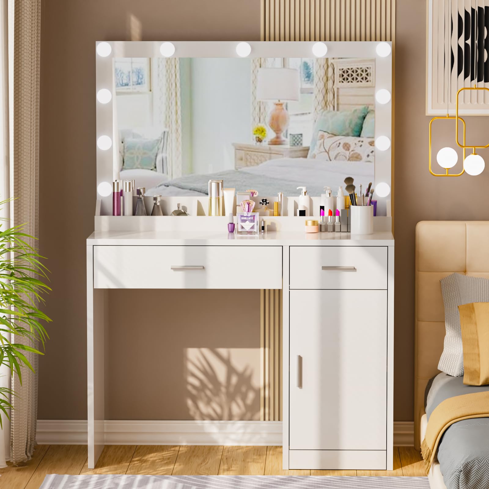 Modern White Vanity Desk with LED Lights & Mirror - Makeup Dressing Table with Charging Station, 2 Drawers & Storage Cabinet for Women & Girls - Perfect for Bedroom, Dorm Room or Home Beauty Salon