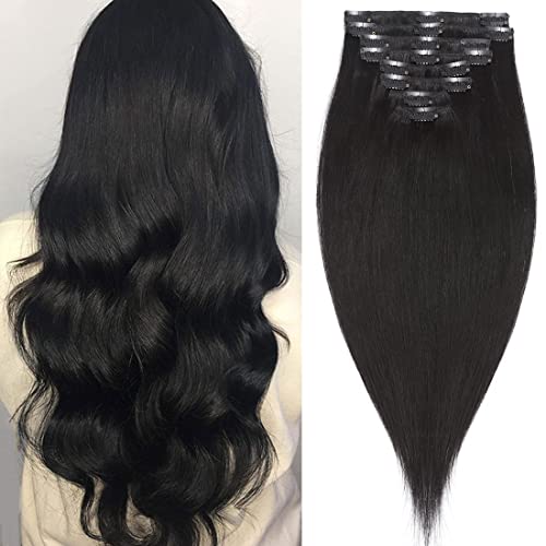 Clip in Human Hair Extensions 8 Pieces 18 Clips 100% Real Silky Remy Hair 20 Inch 105g Jet Black (#1) - Perfect for Volume, Length & Styling for Parties, Weddings & Daily Wear