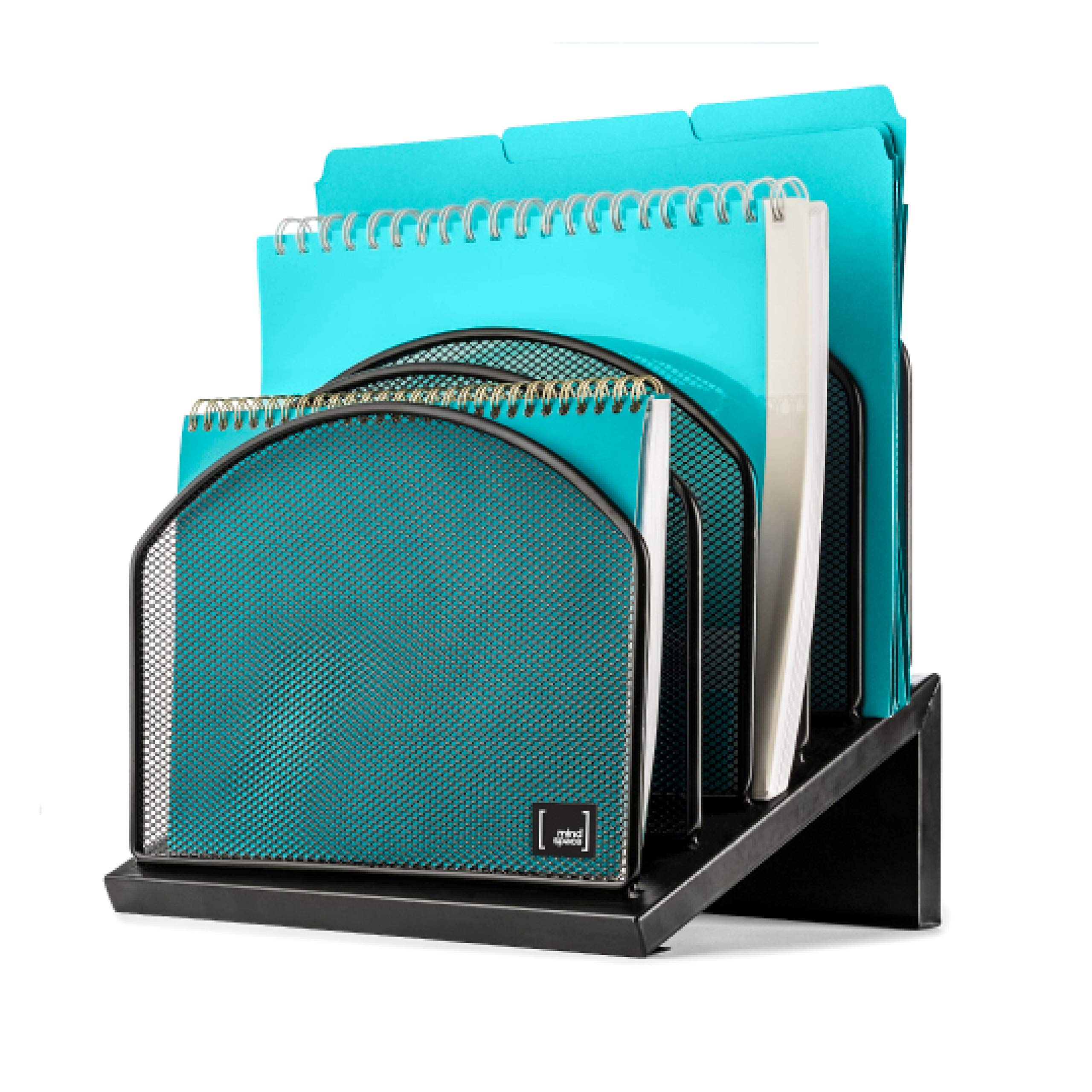 Mindspace Inclined File Rack - 5-Section Mesh Desk Organizer for Office Documents | Black Desktop File Holder | Perfect for Home Office, Workspace & School Organization