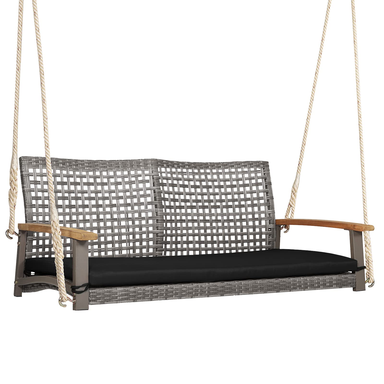 Happygrill 2-Person Outdoor Rattan Swing Chair with Acacia Wood Armrests - 118