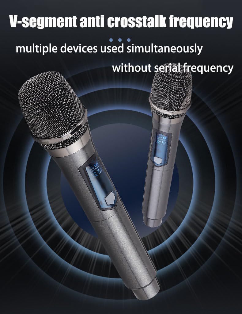Professional Dual UHF Wireless Microphone System - Rechargeable Handheld Dynamic Mics for Karaoke, Wedding, DJ, Party, Speech & Church - 200ft Range with PA System (Gray) - Perfect for Live Performances, Events & Classroom Use