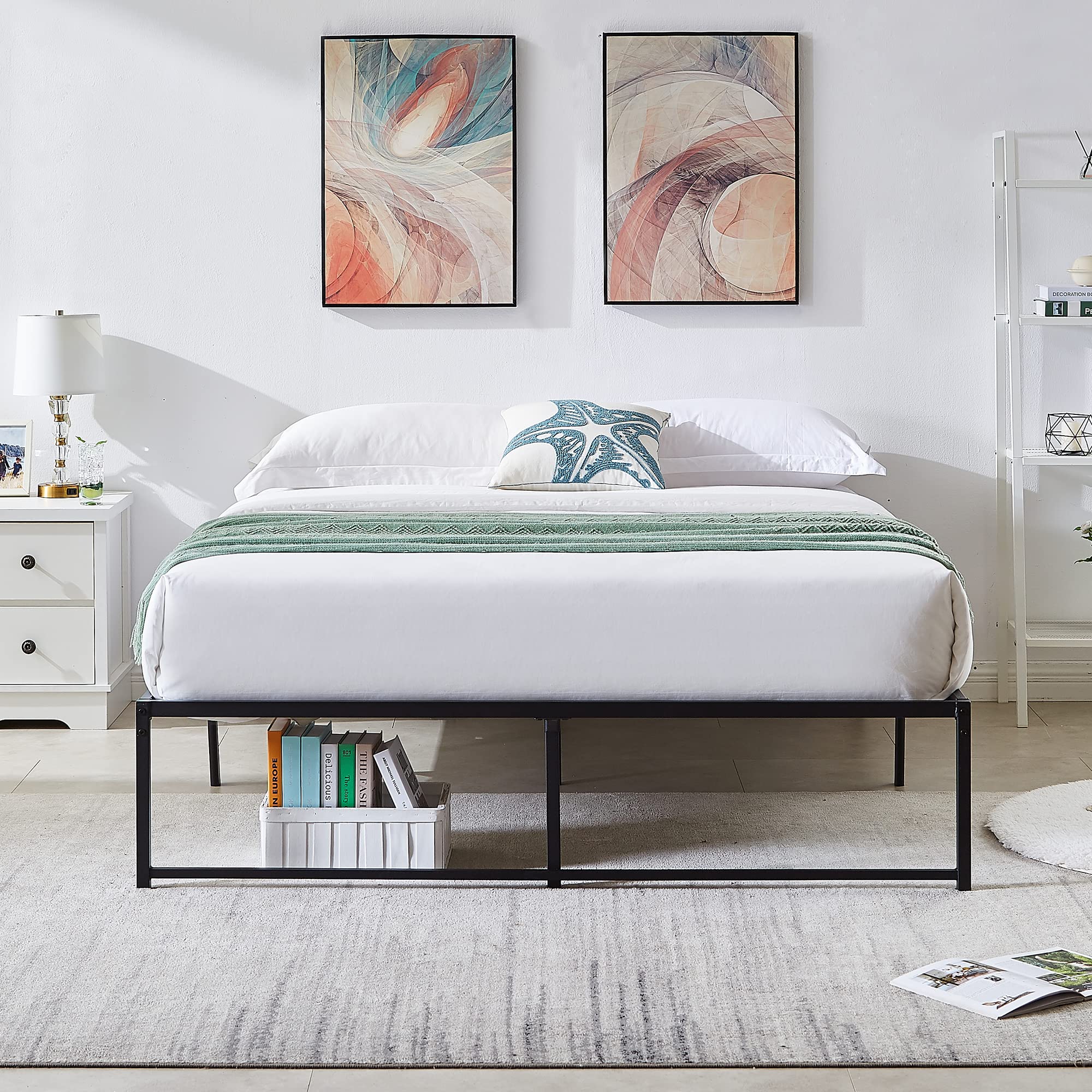VECELO 14 Inch Metal Platform Bed Frame with Mattress Foundation, Queen Size - No Box Spring Needed | Sturdy Steel Slat Support for Modern Bedrooms, Guest Rooms & Dormitories