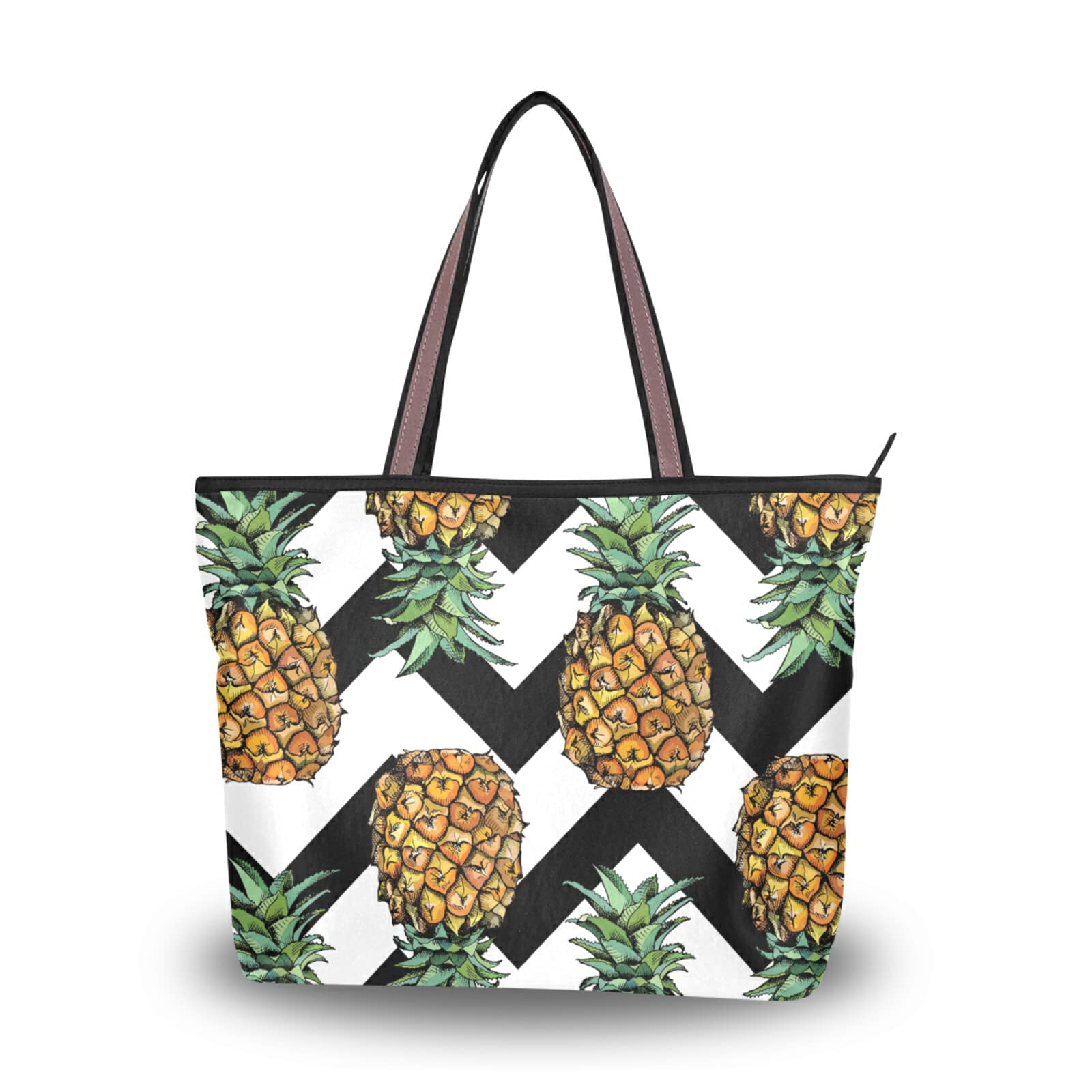 Stylish Pineapple Stripe Print Tote Bag for Women - Large Capacity Zipper Grocery Bag, Durable Reusable Shopping Purse (2 Sizes) - Perfect for Daily Use, Beach Trips & Farmers Market Shopping