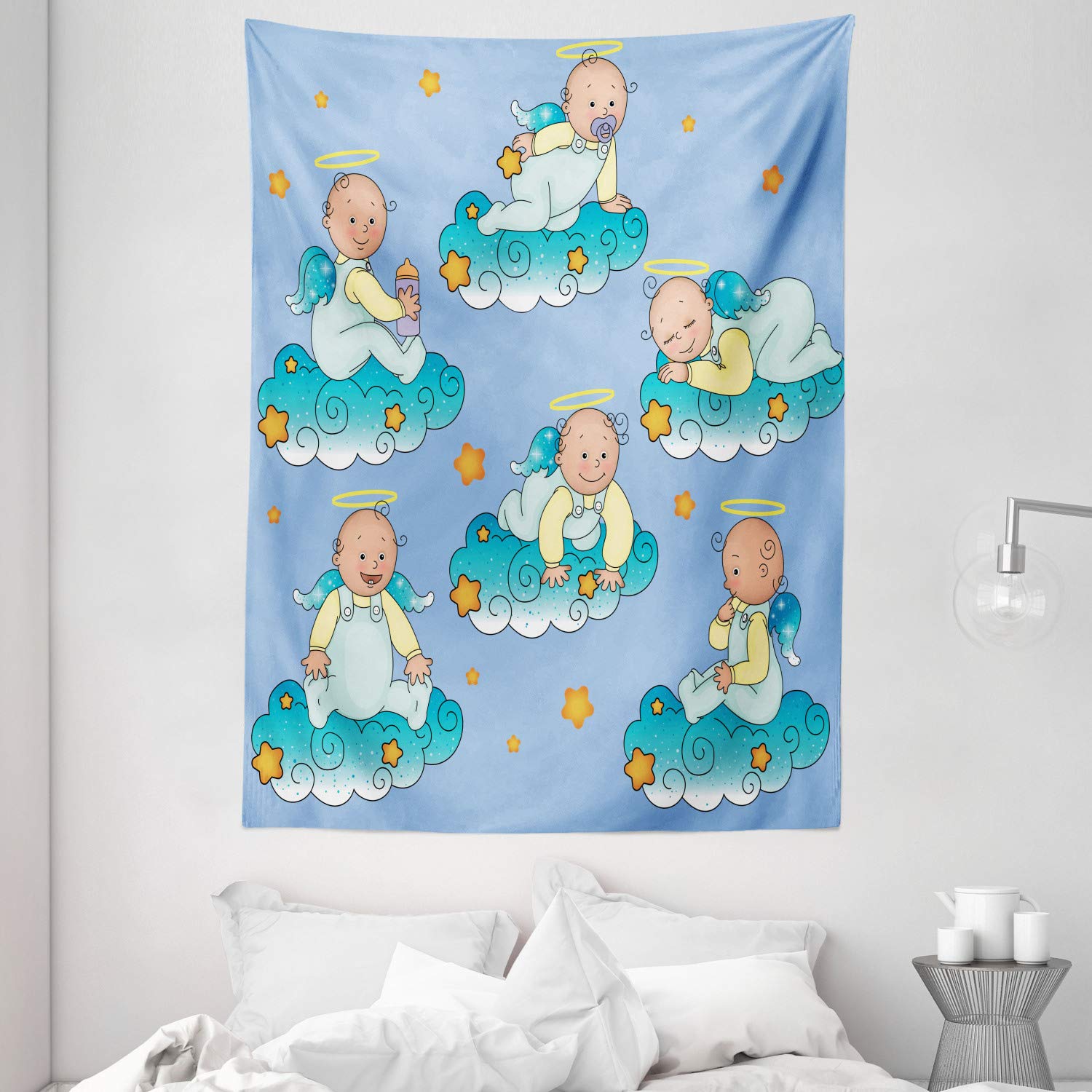 Ambesonne Blue Tapestry - Cloud Art Wall Hanging with Smiling Figures, 60x80 Inches, Turquoise & Yellow, Perfect for Bedroom, Living Room & Dorm Decor | Boho Chic Home Accent for Meditation Spaces & Teen Rooms