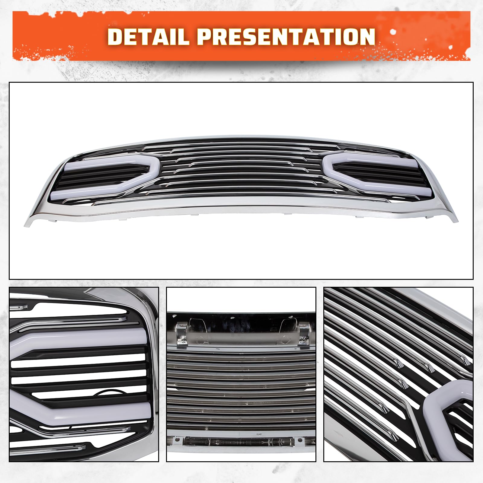 ECOTRIC Chrome Front Horn Grille with LED Light Compatible for 2006-2009 Dodge RAM 2500/3500 & 2006-2008 RAM 1500 - Replacement Shell for Off-Road & Truck Customization