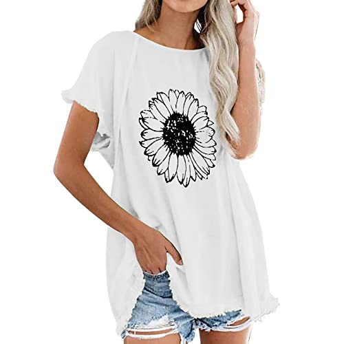 Women's Summer Short Sleeve Floral Printed T-Shirt - Crew Neck Casual Loose Comfortable Blouse (White, Small) | Perfect for Beach Outings, Picnics & Everyday Wear