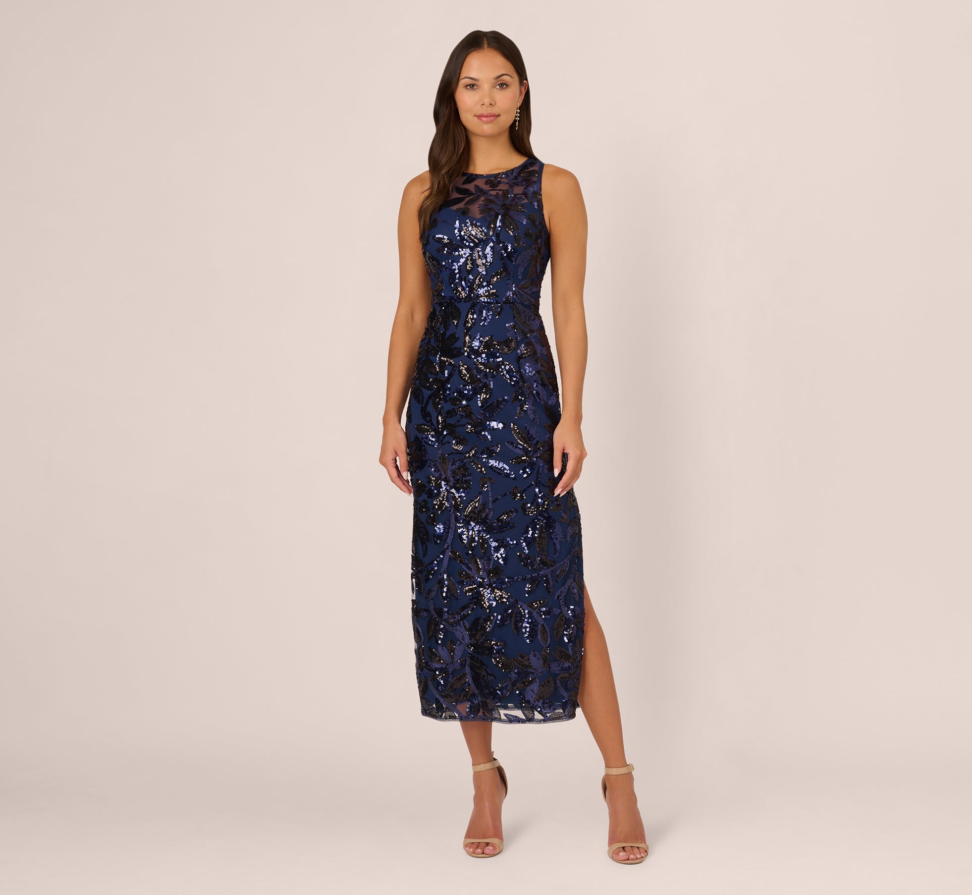 Sequin Leaf Halter Column Gown With Sheer Neckline in Navy Black - Elegant Evening Dress for Prom, Gala & Formal Events