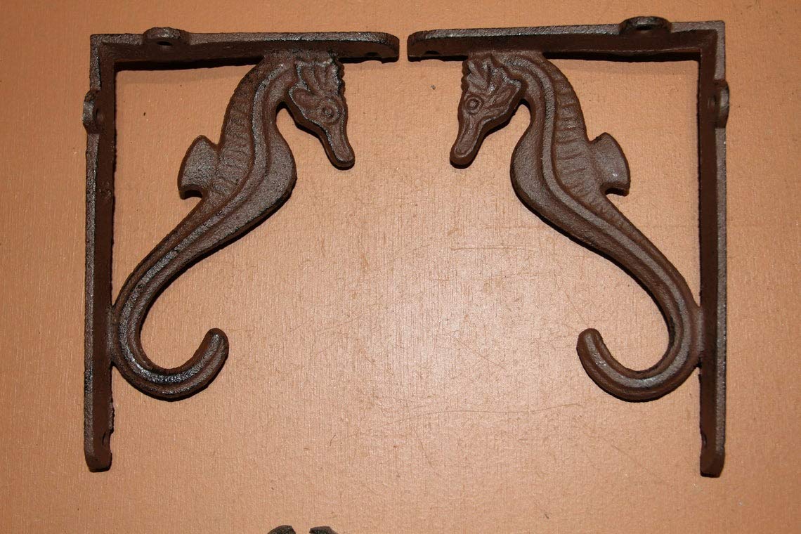 Rustic Coastal Wall Decor - Seahorse Coat Rack & Crab Wall Hooks Set (7-Piece Brown Cast Iron Bundle) for Beach House, Bathroom, or Entryway Organization