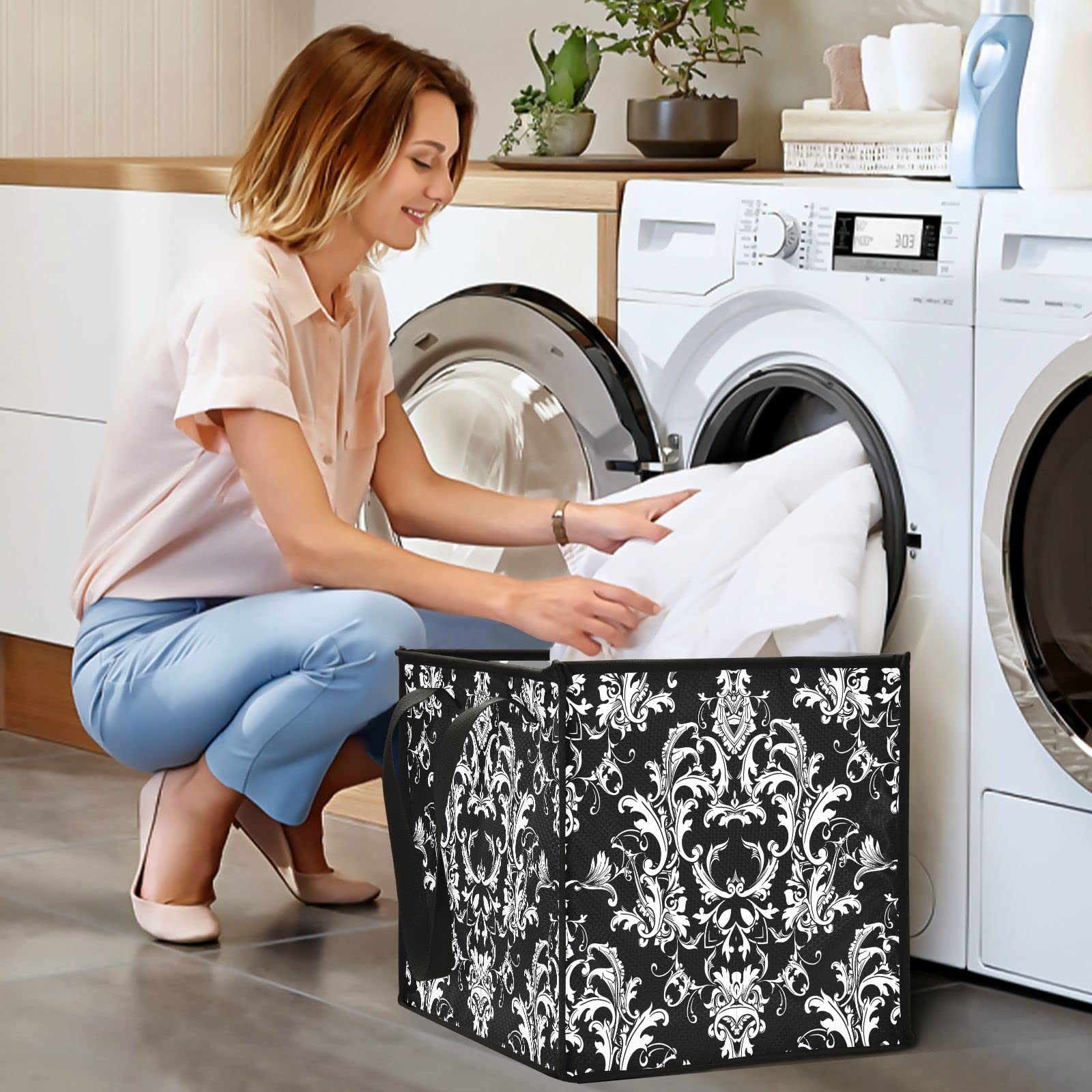 Baroque Damask Seamless Black Square Collapsible Storage Bins - 13x13x13 Inch Foldable Fabric Toy Organizer with Handles for Nursery, Shelves & Closet - Perfect for Kids' Room Organization, Home Decor and Gift Storage